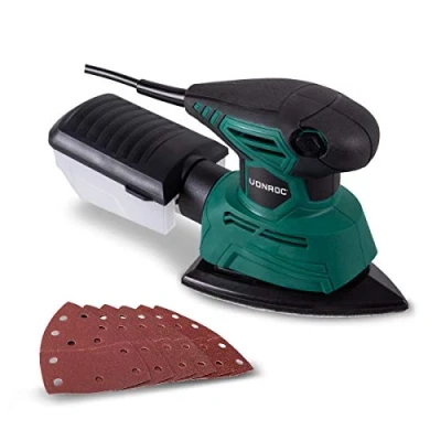 Immagine di VONROC Levigatrice triangolare multifunzione mouse, 130W. Include contenitore di raccolta della polvere e 6 fogli abrasivi