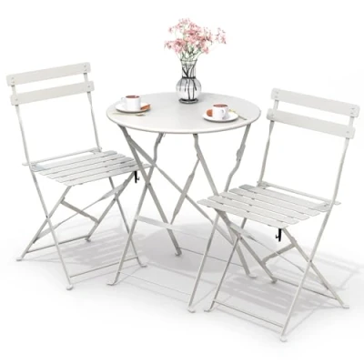 Immagine di VOUNOT Set da Giardino Pieghevole 3 Pezzi, Bistro Tavolo Bistrot con 2 Sedie Balcone, di Mobili 3pz in Acciaio dal Design Moderno, Salvaspazio per Terrazza, Patio, Esterno, Bianco