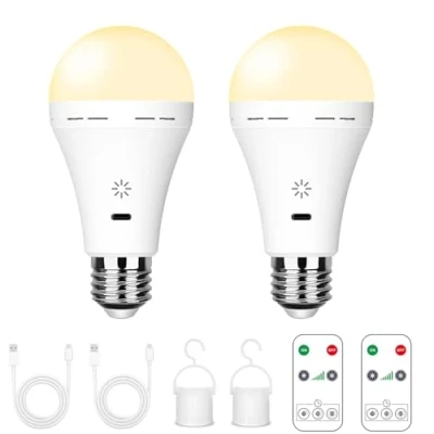 Immagine di Lampadina Ricaricabile USB C Con Telecomando, 7W Batteria, E27 LED Dimmerabile Touch Control Funzione Temporizzazione, Luci Di Emergenza Campeggio Gancio,3000k/2 pack