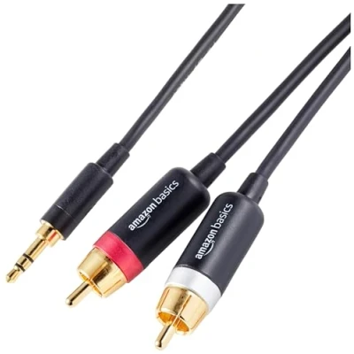 Immagine di Amazon Basics Cavo audio adattatore da Aux 3,5 a 2 RCA per amplificatori, casse attive, con connettori placcati oro, 2.4 m, Nero