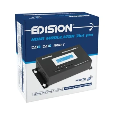 Immagine di EDISION HDMI Modulator 3in1 pro, Modulatore a Terrestre DVB T, ISDB T o Cavo C, Distribuzione Full HD su Coassiale, Loop, RF IN, Display LCD, Installazione Rapida, Plug &amp; Play