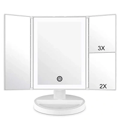 Immagine di WEILY Specchietto per Il Trucco con Touch Screen Tri Fold, ingrandimento 1x / 2X 3X e Caricatore USB o Wireless, Luce LED Regolabile a 180 banco da Viaggio Specchio
