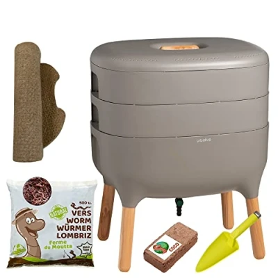 Immagine di Moutta Urbalive 2 vassoi Grigio, Kit Completo I Vermicompostaggio Design 250g di Vermi Lombrichi / 500 pz. Substrato Iniziale Stuoia Canapa + Pala Interno, Balcone e Giardino