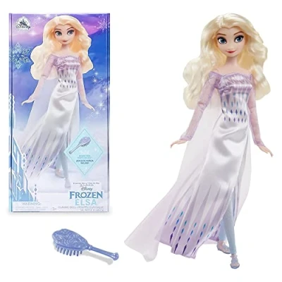 Immagine di Disney Store bambola classica ufficiale Elsa la Regina delle Nevi, Frozen 2, 29 cm, include spazzola argentata con dettagli modellati, completamente posizionabile per bimbi dai 3 anni in su