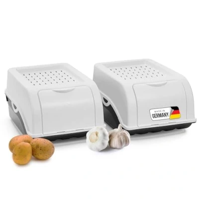 Immagine di Novaliv Set di 2 contenitori per patate da 3,5 l, colore bianco, impilabili cipolle, contenitore verdure, patate,
