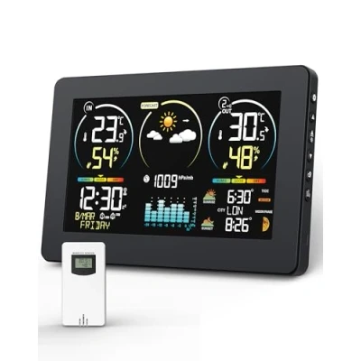 Immagine di Stazione Meteo con Sensore Esterno, Termometro Digitale Senza Fili Display a Colori, Monitor di Temperatura e Umidità, Previsioni del Tempo Retroilluminazione Regolabile Calendario, Nero