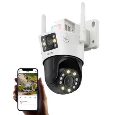 Immagine di ZOSI Telecamera di sorveglianza WiFi 8 MP Pan/Tilt per esterni con doppio obiettivo (4 MP+4 MP), 2,4 G X zoom ibrido, rilevamento intelligenza artificiale, alimentazione plug in, C298 Max