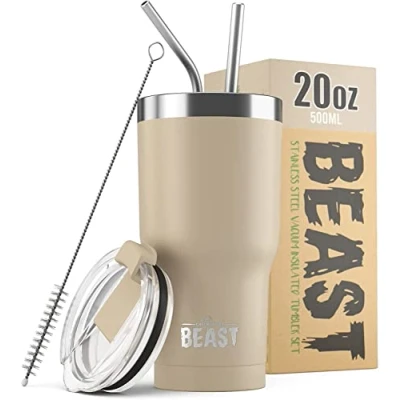 Immagine di BEAST Tazza Termica da Viaggio 550 ml I Sabbia Doppia Parete Inox Termos Caffè Isolato con 2 Cannucce Riutilizzabili &amp; Spazzolino per Pulizia Ideale Freddo o Caldo
