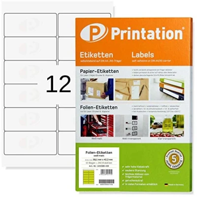 Immagine di Printation etichette impermeabili in pellicola 99,1 x 42,3 mm, 120 etichette, impermeabili, autoadesive, colore bianco opaco, 12 adesivi per foglio A4, 2 6/10 fogli, adesive