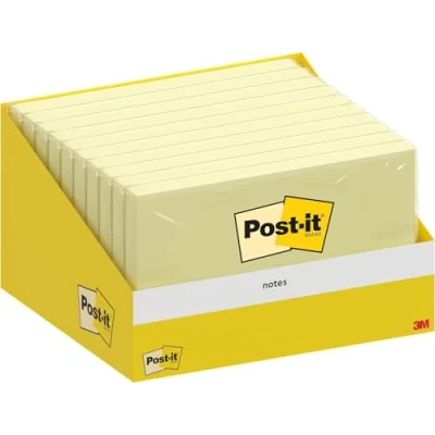 Immagine di Post It Foglietti Adesivi, Giallo Canary, 10 blocchetti, 100 Fogli per blocco, 76 mm x 127 mm, Confezione in Cartoncino, 100% PEFC Appunti, Elenchi &amp; Promemoria