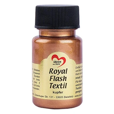 Immagine di Royal Flash Textil Colore metallizzato glitterato, 50 ml, altamente coprente, cremoso, per tessuti chiari e scuri, a base d&#039;acqua, dipingere valorizzare magliette, borse, rame