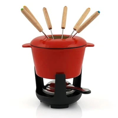 Immagine di BBQ TORO Set fonduta in ghisa per 6 Persone 13 Pezzi con bruciatore e forchette quantità di riempimento 1 litro Cioccolato al Formaggio induzione. (Rosso/Smaltato)