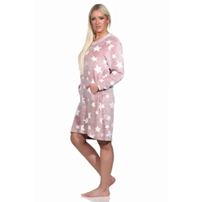 Immagine di Normann Camicia da notte donna a maniche lunghe, con polsini effetto stella, in morbido pile coral caldo, Colore: rosa., Medium