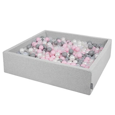 Immagine di KiddyMoon Piscina di Palline 120X30cm/300 Grande Quadrato per Bambini Fabbricato in EU, Grigio Chiaro:Perla/Grigio/Trasparente/Rosa Chiaro