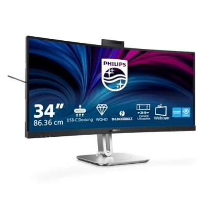 Immagine di Philips 34B2U6603CH Monitor curvo WQHD da 34 pollici, altezza regolabile, altoparlanti, webcam 5 MP, cancellazione del rumore, HDR400 (3440x1440, HDMI, DisplayPort, USB C, Hub USB) grigio scuro