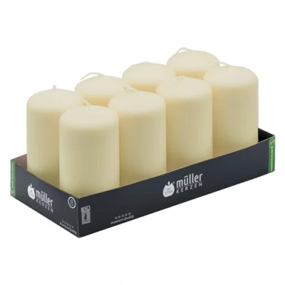 Immagine di Müller Candele a Colonna Cilindriche, Set di 8 Colore Avorio, dim. 120 x 57 mm, Lunga Durata 32 Ore, Cera Antigoccia, Inodore, Qualità RAL