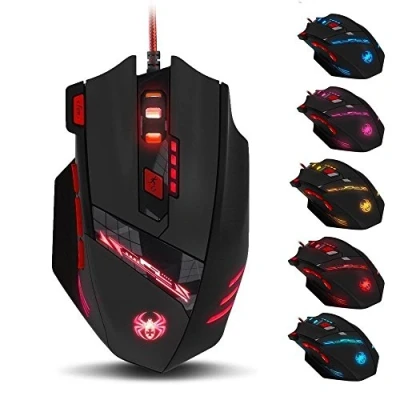 Immagine di GranVela® T90 Professionale 9200 DPI Mouse da gioco USB cablato ad alta precisione, 8 pulsanti, con 7 LED colorati modalità di respirazione, set regolazione del peso (nero)