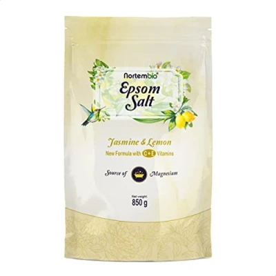 Immagine di Nortembio Sali di Epsom 850 g. da Bagno Profumati Gelsomino E Limone. Solfato Magnesio con Vitamina C ed E. Sale per Rilassamento Muscolare Dormire Bene. Book Incluso.