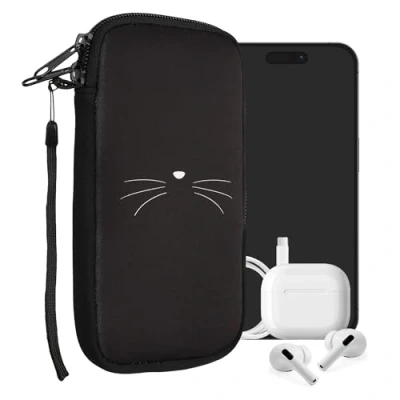 Immagine di kwmobile Custodia in neoprene con zip per smartphone XXL 7&quot; Astuccio portacellulare a sacchetto cerniera Borsa verticale Muso Felino bianco/nero