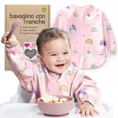 Immagine di Nombear ® Bavaglini Impermeabili con Maniche 6 Mesi o Più Pappa Svezzamento, Bavaglino Lunghe, Tasca, Bavaglio per Bimbo