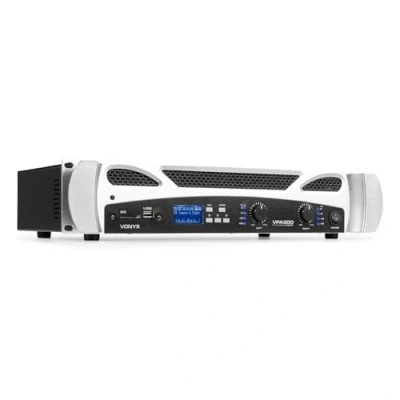 Immagine di Vonyx VPA300 Amplificatore PA, 2 x 150 W, Bluetooth, Media Player, Display a LED, Porta USB, Slot SD, Struttura Robusta con Custodia Metallica, Ingresso di Linea, Incl Telecomando