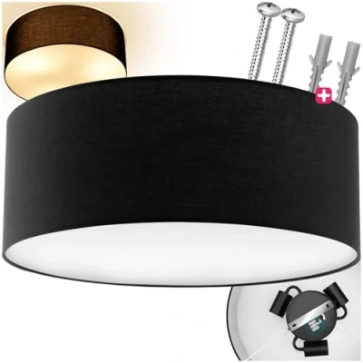 Immagine di TecTake® Plafoniera Rotonda, Paralume in Tessuto Effetto Lino, Struttura Acciaio, Design Senza Tempo, Fino a Tre Lampadine, Ideale per Salotto, Ufficio, Camera da Letto Nero