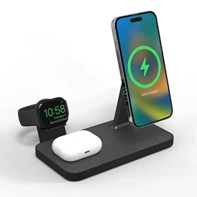 Immagine di Zagg mophie Snap+ Caricabatterie wireless 3 in 1, con adattatore Regno Unito/Irlanda, dispositivi compatibili Qi, ricarica rapida, fino a 15 W, colore: nero