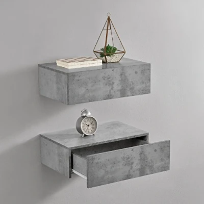 Immagine di [en.casa] Set di 2 Comodini Sospesi Mensole da Parete con Cassetto Integrato Mobiletti Salvaspazio per Camera Letto Ingresso Soggiorno 46x30x15 cm Effetto Cemento