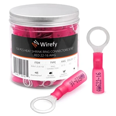 Immagine di Wirefy 150 PZ Connettori Occhiello M8 Kit Terminali Anello Termoretraibili Capicorda Elettrici Crimpare Rosso 0,34 1,5 mm²