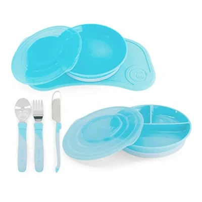 Immagine di Twistshake Mealtime Tableware Set di Stoviglie, 6 st 1x Tovagliette 31 x 17 cm, Piatto, Piatto con Divisore, 3x Posate in Acciaio Inox, 6+ Mesi, Ragazzo, 78970