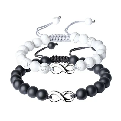 Immagine di COAI Set Coppia Bracciali Infinity per Lui e Lei di Ispirazione Shamballa in Onice Opaca Howlite, Brcacciali Regolabili