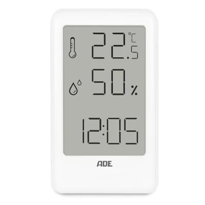 Immagine di ADE Termometro ambiente interno digitale Igrometro umidità casa con relogio Termoigrometro per l&#039;ufficio, la stanza dei bambini, camera da letto, il bagno formato verticale bianco