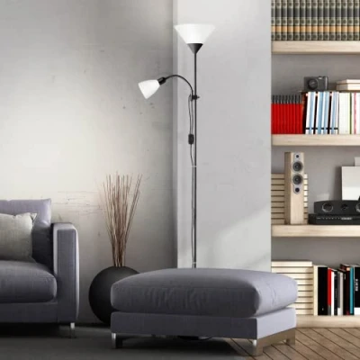 Immagine di Lightbox uplighter altezza 1,8 m lampada da terra nera con braccio di lettura regolabile 1x E27 max. 60 W &amp; 1 x E14 25 in alluminio/plastica bianco/nero