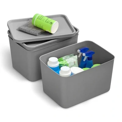 Immagine di Iris Ohyama, Set di 4 Contenitori in Plastica con Coperchio, Impilabili, per Cucina, Bagno, Camera da Letto, Camerino, Ufficio, Organizzazione Solida e Durevole, SNL MD