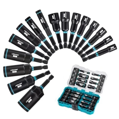Immagine di LIBRATON Set di cacciaviti magnetici, punte per avvitatori da 16, dadi profondi, SAE trapano, magnetici 1/4&quot; 9/16&quot;, profondi 4/3&quot;, con cassetta