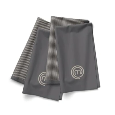 Immagine di MasterChef Strofinacci Cucina Cotone 100%, Stracci con Appendi, Set di 4 Canovacci per Mani, Asciugatura e Altro, Motivo a Righe Grigio, Lavabili in Lavatrice, Resistenti al Calore