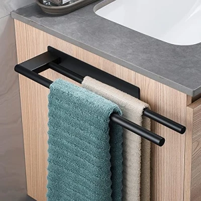 Immagine di Dvocel Porta Salviette Senza Foratura Acciaio Inossidabile Doppio Portasciugamani Adesivo a Due Bracci per Montaggio Parete Bagno Cucina Nero Opaco