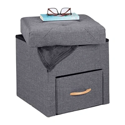 Immagine di Relaxdays Pouf Contenitore Pieghevole, Cassetto e Coperchio, Cubo Poggiapiedi Imbottito, HxLxP 40,5 x 40 cm, Grigio, Tessuto MDF Poliestere, 1 pz