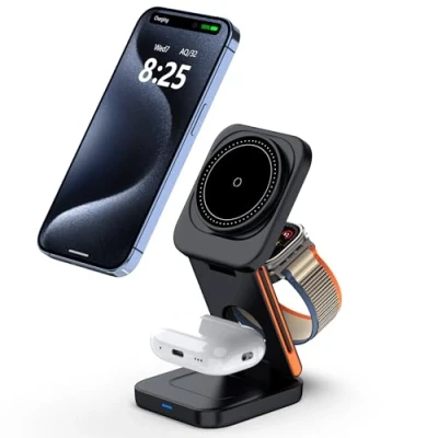 Immagine di 3 in 1 Charging Station, Multiple Devices, for Magsafe Apple Watch and iPhone, Travel Wireless Charger Stand, Foldable Magnetic Inductive, Fit