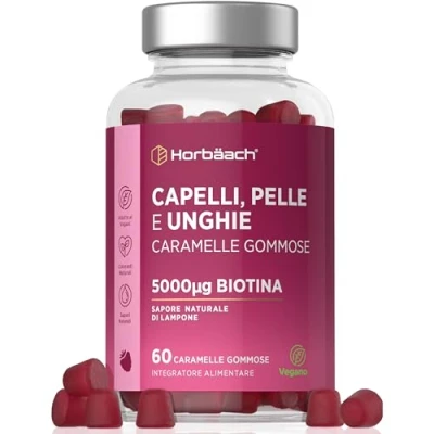 Immagine di vitamine per Capelli Gommose Biotina 5000 mcg + Acido Folico, C, B6, E, B12, A, D e Zinco Integratore Pelle Unghie 60 Caramelle VEGAN di Horbaach