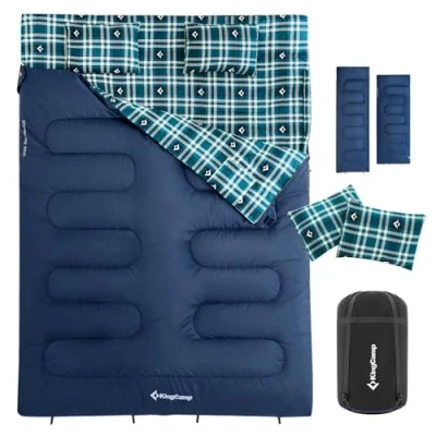 Immagine di KingCamp Sacco a Pelo Matrimoniale Flanella Extra Grande 13℃ 7℃ Separabile in 2 Sacchi Singolo Doppio 3 4 Stagioni Portatile Comodo Campeggio Leggero con Custodia,Navy