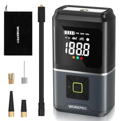 Immagine di WORKPRO Compressore d&#039;Aria SENZA FILI, 5000 mAh, 7,2 V, Portatile con 4 Modalità, 150 PSI, Display Digitale Intelligente a LED, SOS per Auto, Moto, Palloni, Biciclette