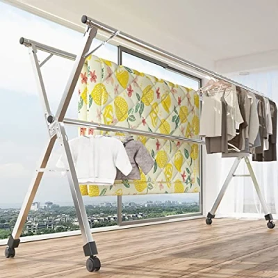 Immagine di UVCMDUI Stendibiancheria Acciaio Inox, Salvaspazio Stendi Panni da Interno, Ripiegabile Stendino Lenzuola con Piedini Antiscivolo, per Uso Interno Ed Esterno,2.4m