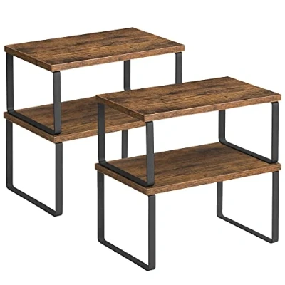 Immagine di SONGMICS Scaffale Portaspezie, Set di 2 Organizzatori da Cucina Espandibili, Impilabile, Metallo e Legno Ingegnerizzato, Nero Inchiostro Marrone Vintage KCS020X01
