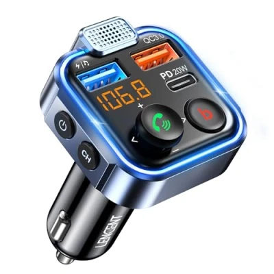 Immagine di LENCENT Trasmettitore Bluetooth 5.0 per Auto, Musica Auto con Bassi Profondi e Suono Hi Fi lossless, Ricarica Rapida Tipo C PD 20W QC3.0, Supporto Disco U Luce Blu Sfumata
