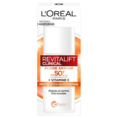 Immagine di L&#039;Oréal Paris Fluido anti UV FPS 50+ Vitamina C + e Acido Ialuronico Macchie, Rughe tintura Irregolare Finitura invisibile Protezione UVB &amp; UVA lunga Revitalift Clinical 50 ml
