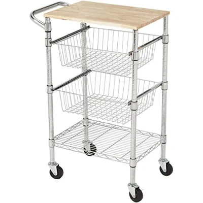 Immagine di Amazon Basics Carrello in metallo 3 ripiani, su ruote, con tre ripiani e cestino, piano legno, Argento