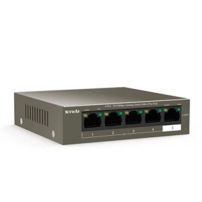 Immagine di Tenda PoE Switch Desktop/Parete TEF1105P 4 63W, 5 Port 10/100 Mbps, Porte fino a Protezione da Sovraccarico, Antifulmine Professionale,Semplicità d&#039;Uso, Cassa in Metallo