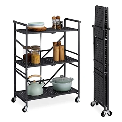 Immagine di Navaris Carrello Pieghevole a 3 Ripiani Carrellino Cucina Portavivande Oggetti Portatutto Salvaspazio Casa Ufficio Giardino in Metallo con Ruote