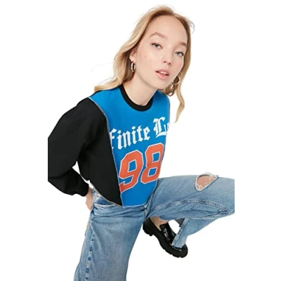 Immagine di Trendyol Girocollo con Slogan Regular Felpa Maglia di Tuta, Nero, XL Donna